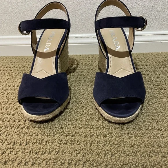 Prada Raffia 95mm Peep-Toe Wedge Navy Blue